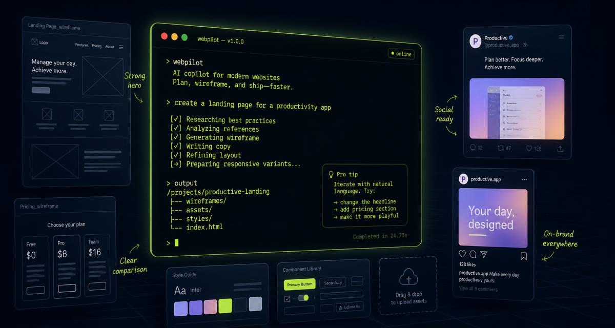 1,000 AI prompts for website and social media — a glowing AI prompt terminal surrounded by website wireframes and social posts.