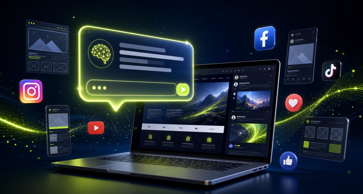 Top 20 AI Prompts For Web & Social — a glowing AI chat prompt window above a laptop showing a website and social media feeds.