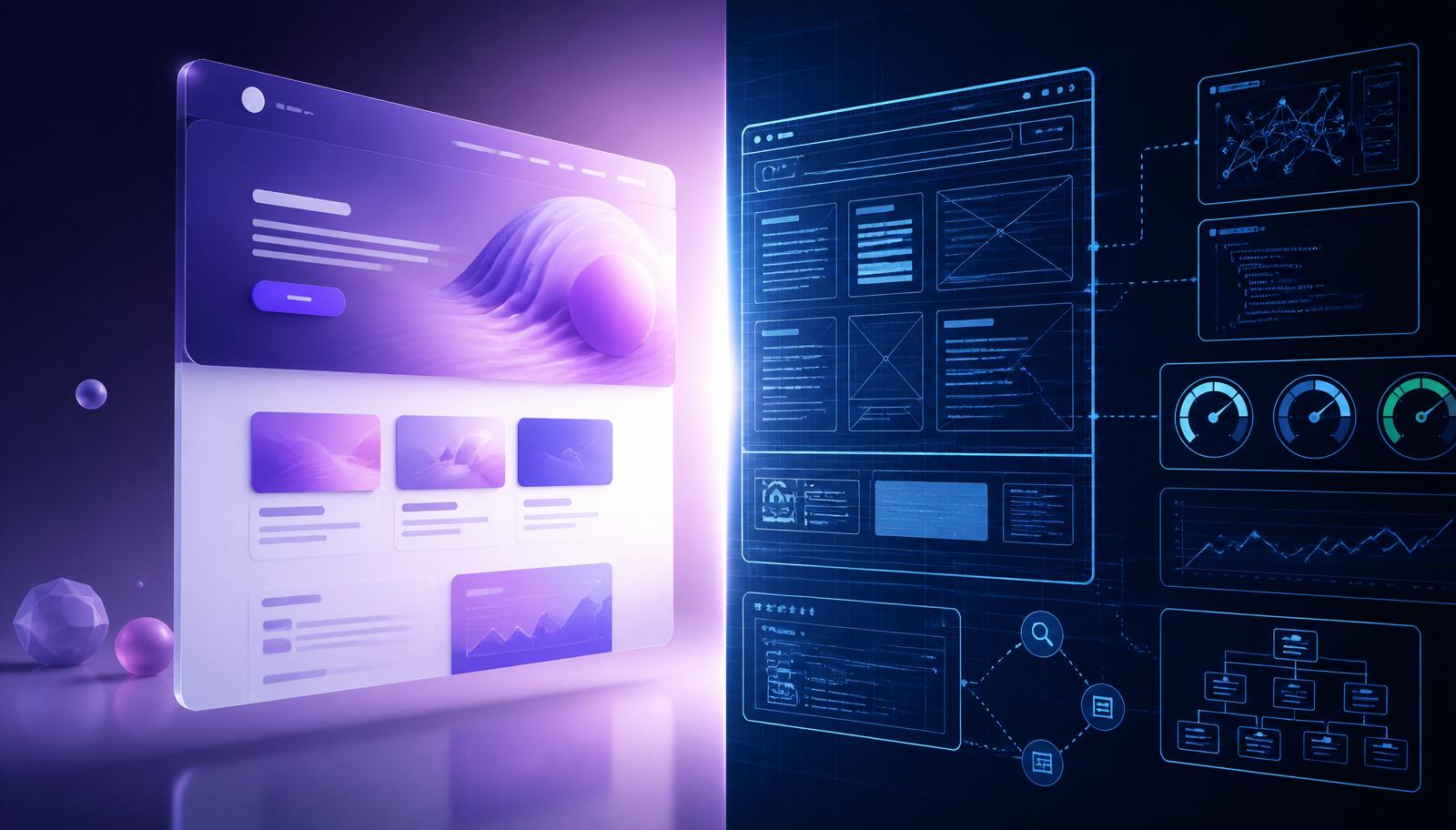 Split editorial illustration: a glossy generic AI-generated website in purple light on the left, a blueprint of a professionally engineered website with SEO schema, Core Web Vitals gauges, and AEO structured data on the right — AI can build a website but not a business.