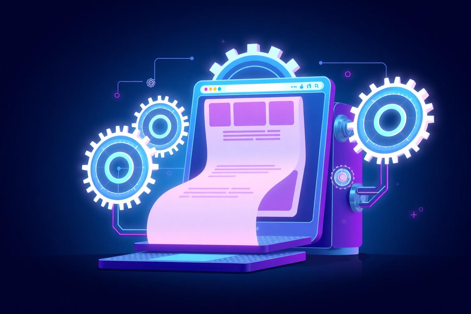 Illustration of an automated AI publishing engine generating blog articles continuously