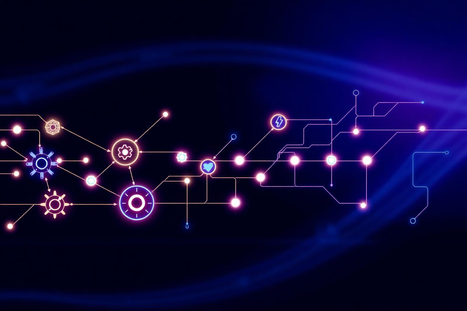 Illustration of an automated workflow pipeline with triggers, conditions, and connected actions