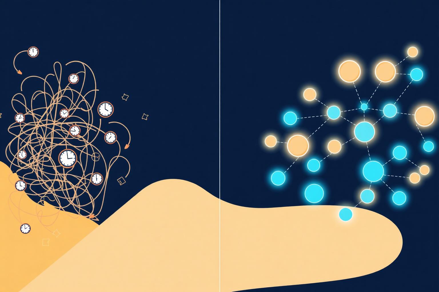 Side-by-side illustration of chaotic manual workflows versus a clean orderly automated sequence