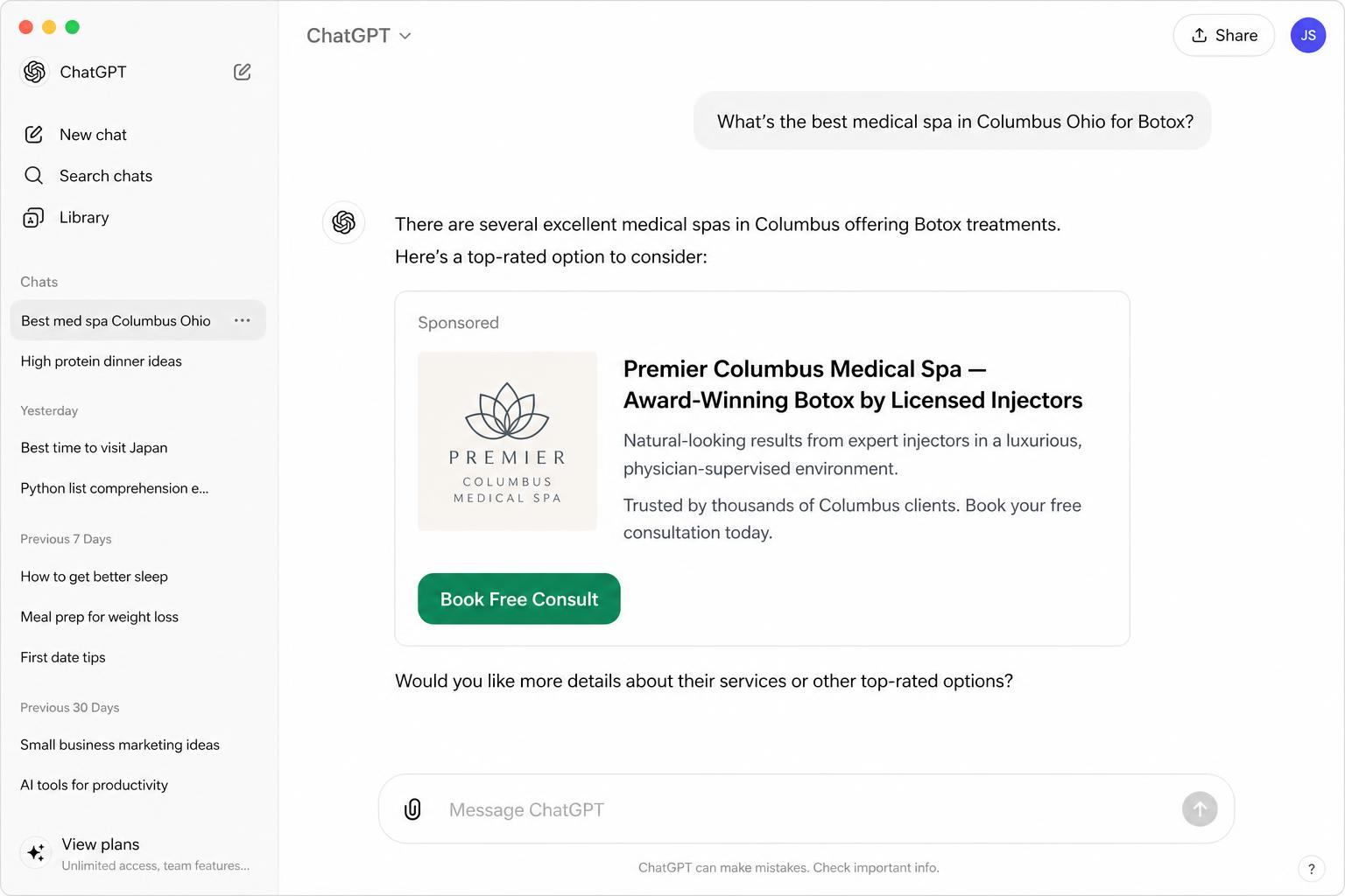 Example ChatGPT sponsored ad placement for a Columbus medical spa appearing inside a ChatGPT conversation
