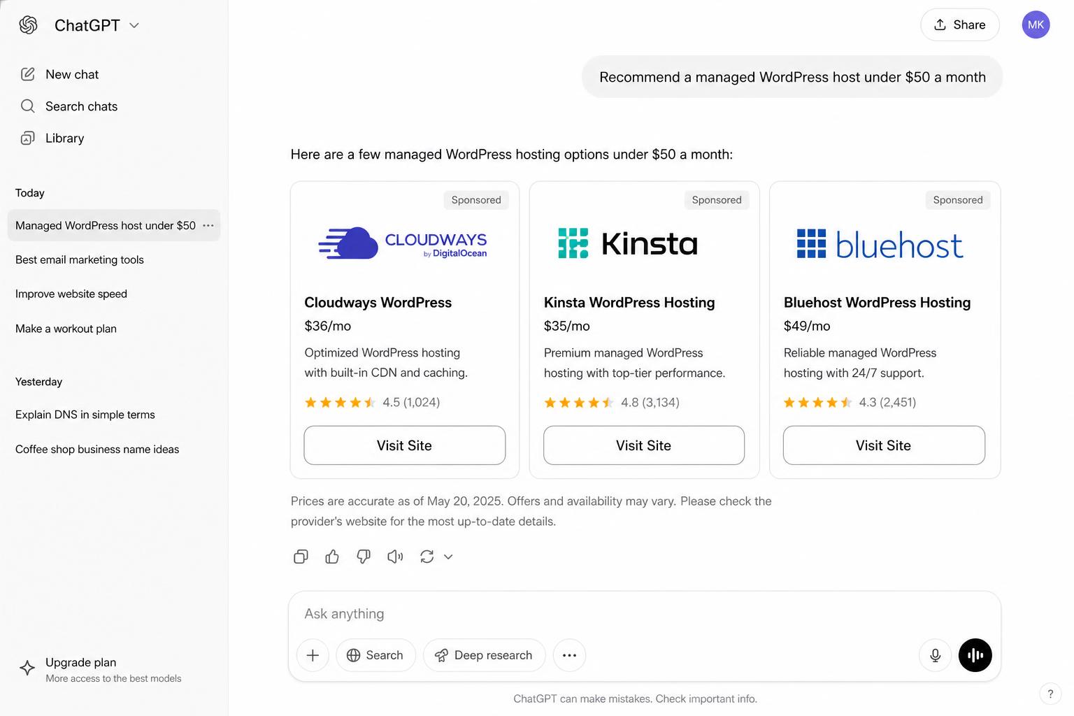 Example ChatGPT shopping ad results showing three sponsored product cards for managed WordPress hosting
