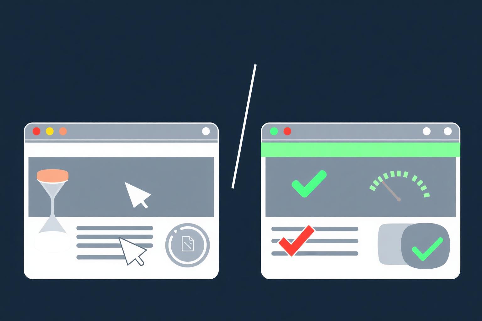 Side-by-side illustration of a slow failing website versus a fast optimized website