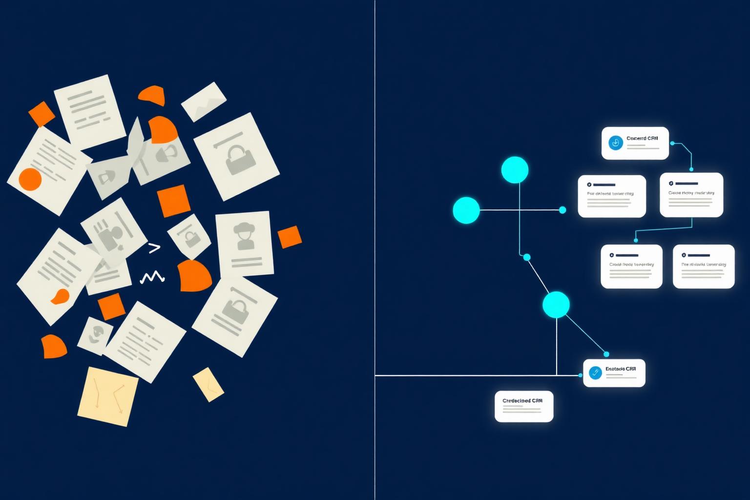 Side-by-side illustration of a messy manual CRM versus a clean automated pipeline