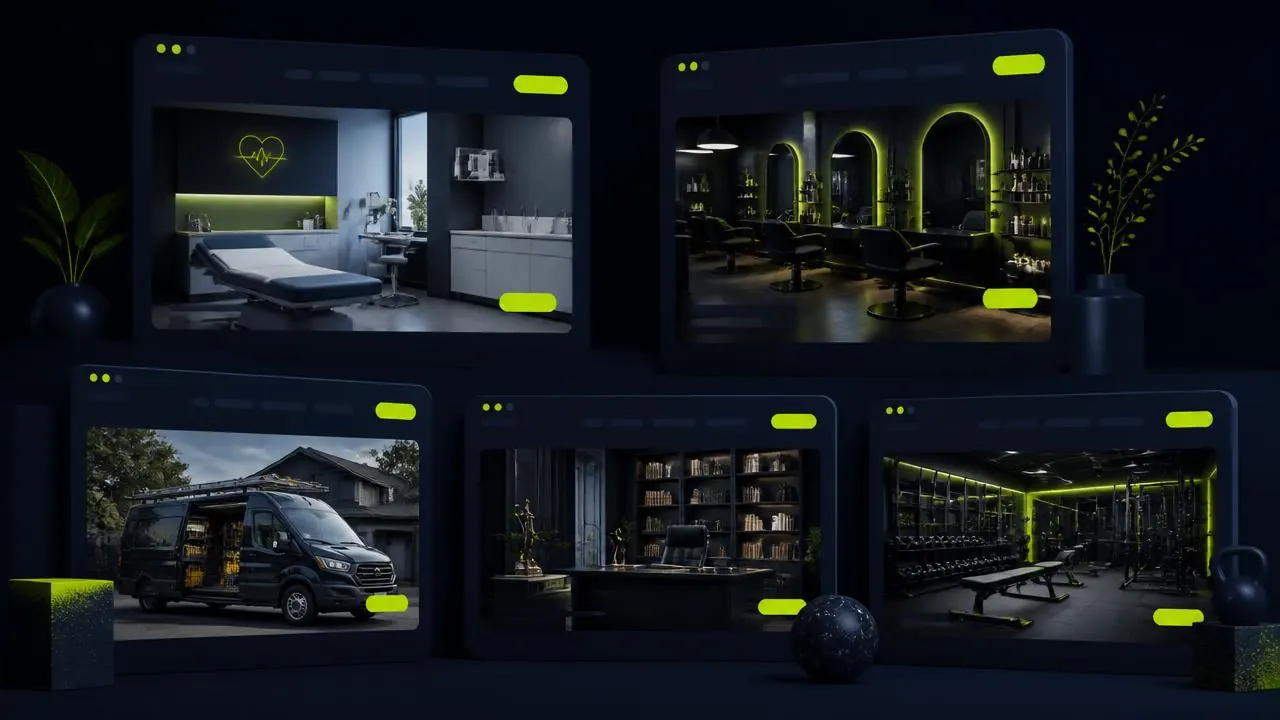 Website mockups for medical clinic, salon, contractor, law office and gym businesses displayed on dark screens with green accents