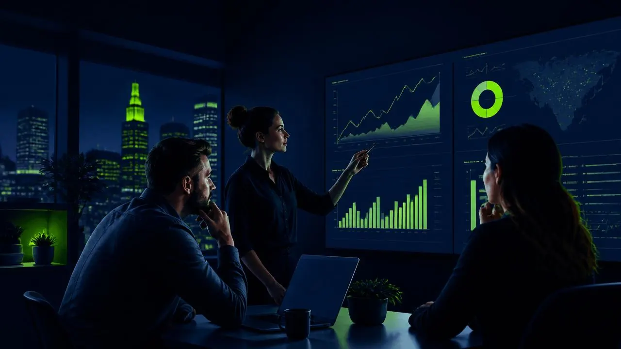 Columbus marketing team reviewing website SEO, AEO and traffic growth dashboards on large screens in a dark studio office