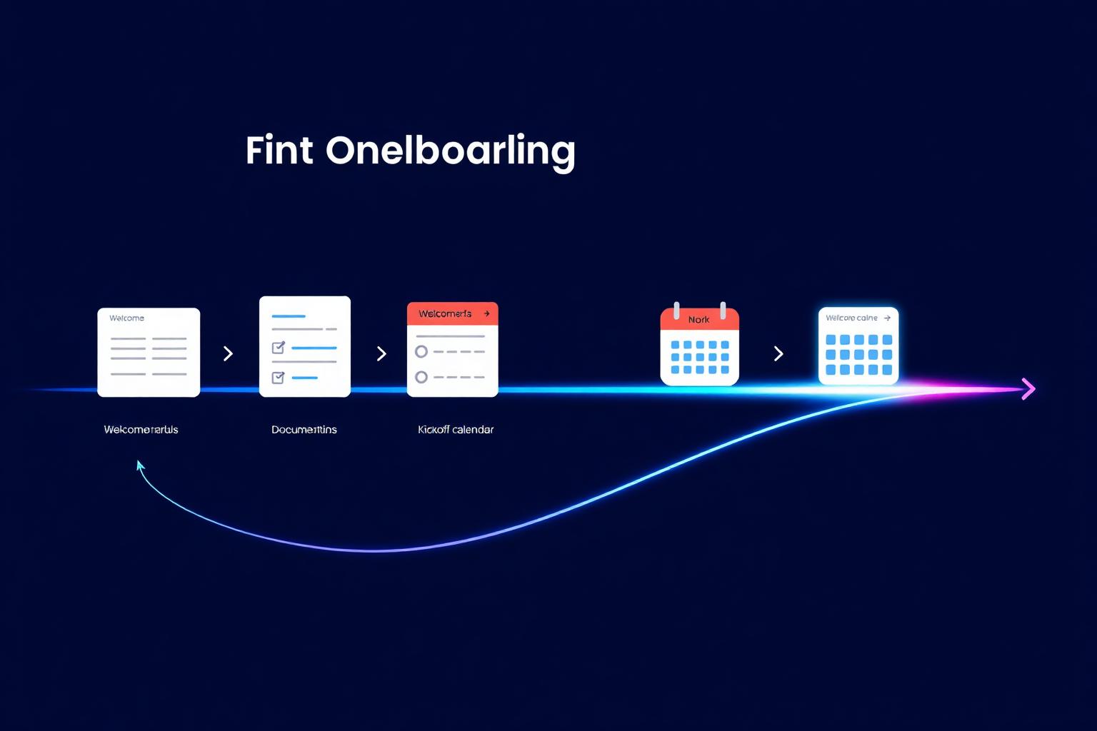 Illustration of an automated client onboarding pipeline with welcome cards, intake forms, calendar, and milestones