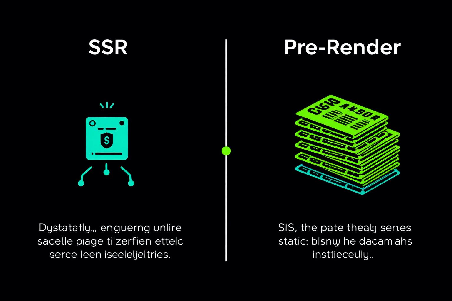 Side-by-side technical illustration comparing SSR and Pre-Render rendering strategies