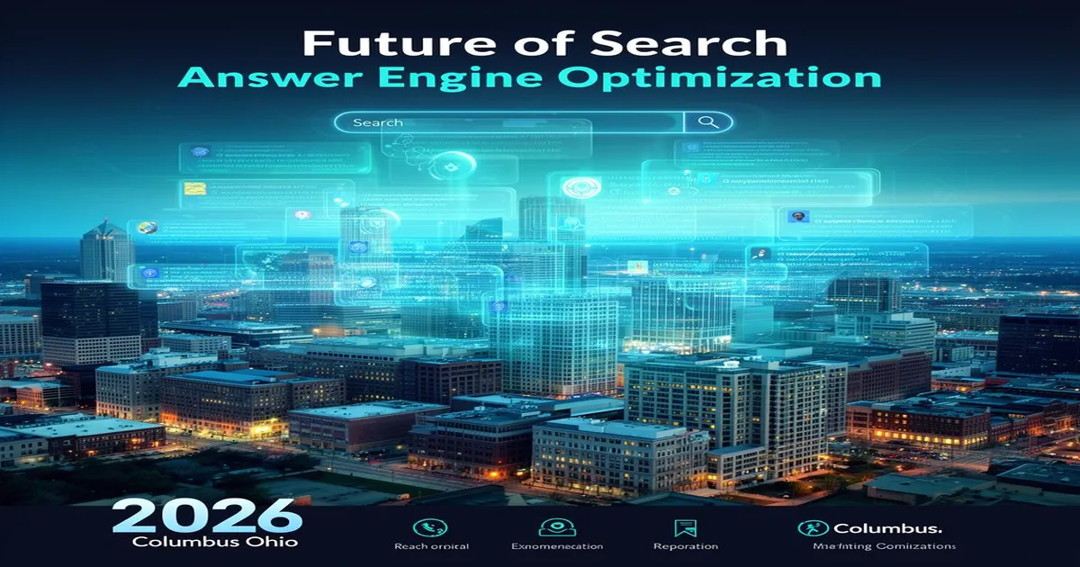 Columbus Ohio skyline with futuristic AI search overlays representing Answer Engine Optimization in 2026