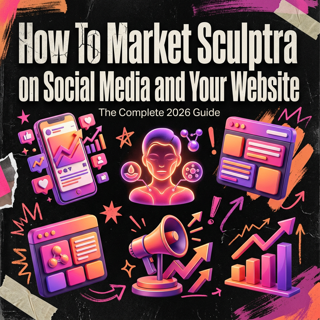 How To Market Sculptra on Social Media and Your Website: The Complete 2026 Guide — vivid editorial cover from The Real Social Company.