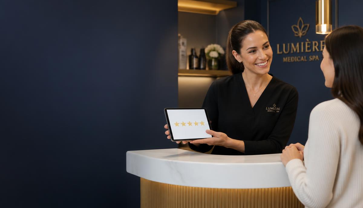 Med spa front desk staff member showing a patient a tablet with five gold review stars while asking for an honest Google review.
