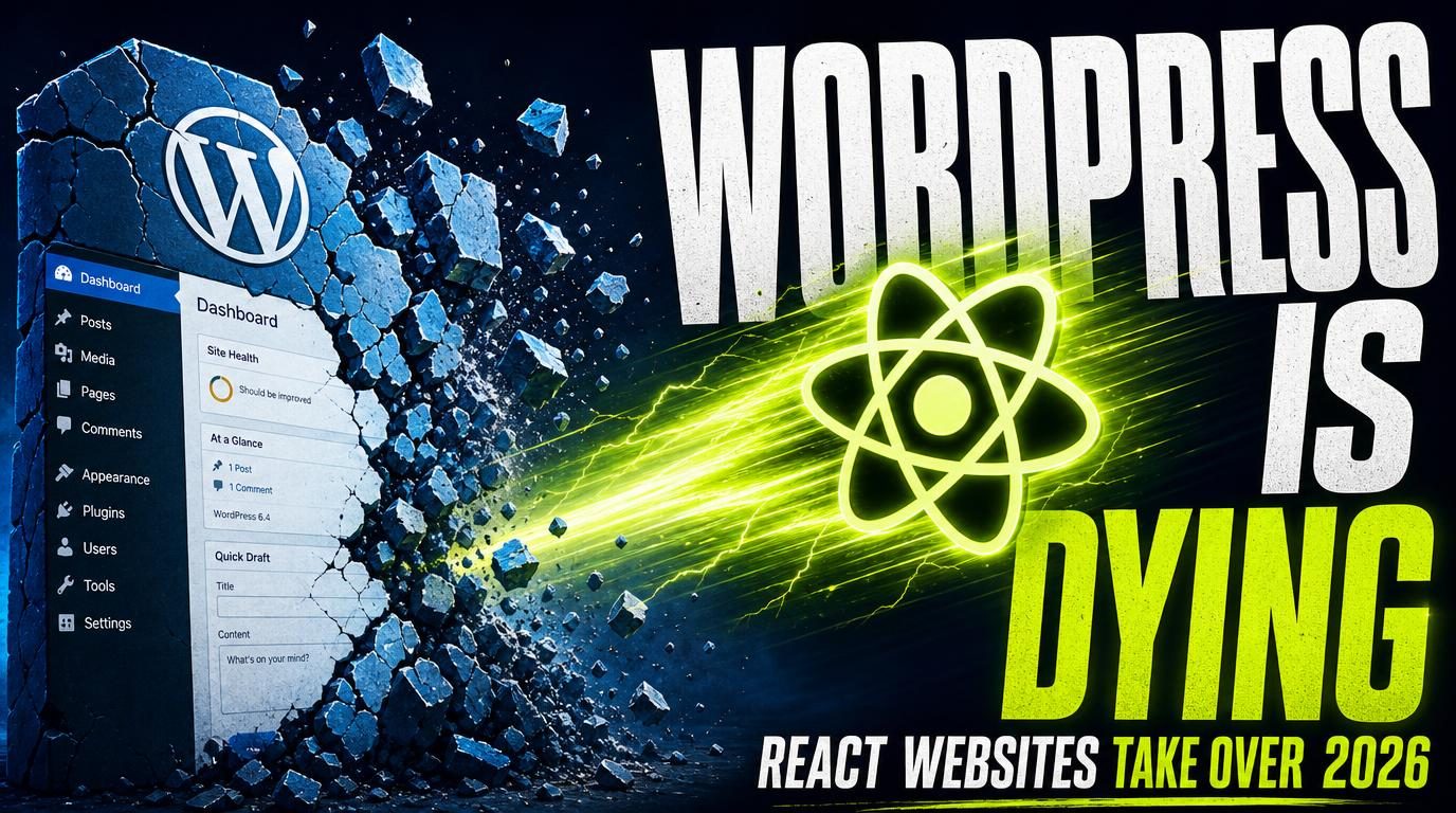 Upward green arrows and React icons on navy, representing migrating from WordPress to React websites