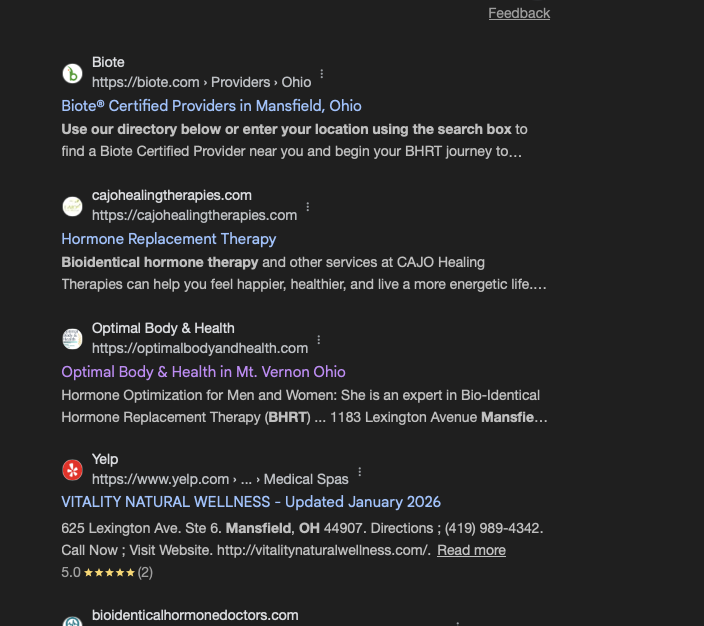 BHRT Mansfield OH ranking screenshot