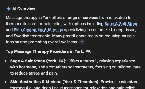 Massage Therapy in York (AI Overview) ranking screenshot
