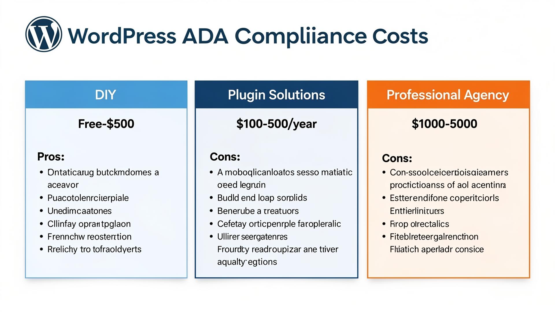 WordPress ADA Compliance cost comparison chart showing DIY ($0-500), Plugin Solutions ($100-500/year), and Professional Agency ($1,000-5,000+) pricing tiers