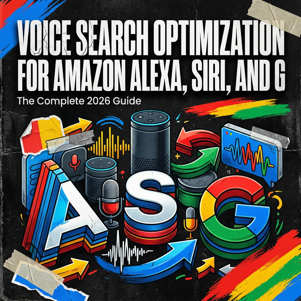 Voice Search Optimization for Amazon Alexa, Siri, and Google Assistant: The Complete 2026 Guide — vivid editorial cover from The Real Social Company.