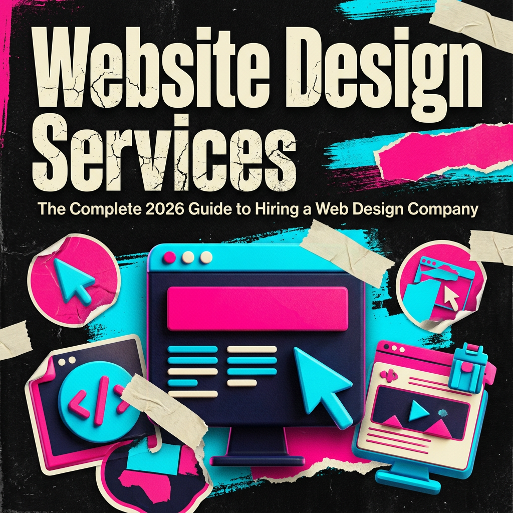 Website Design Services: The Complete 2026 Guide to Hiring a Web Design Company — vivid editorial cover from The Real Social Company.