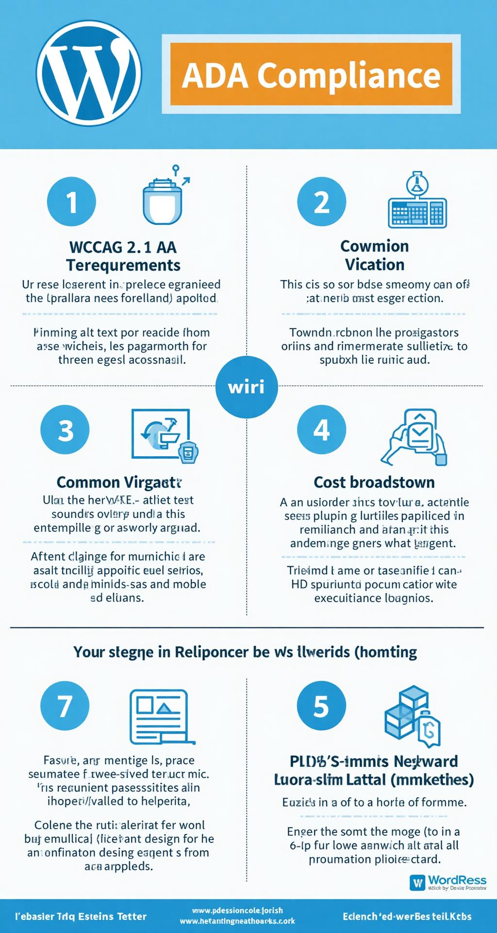 WordPress ADA Compliance infographic showing WCAG 2.1 AA requirements, common violations, and cost breakdown for accessibility solutions
