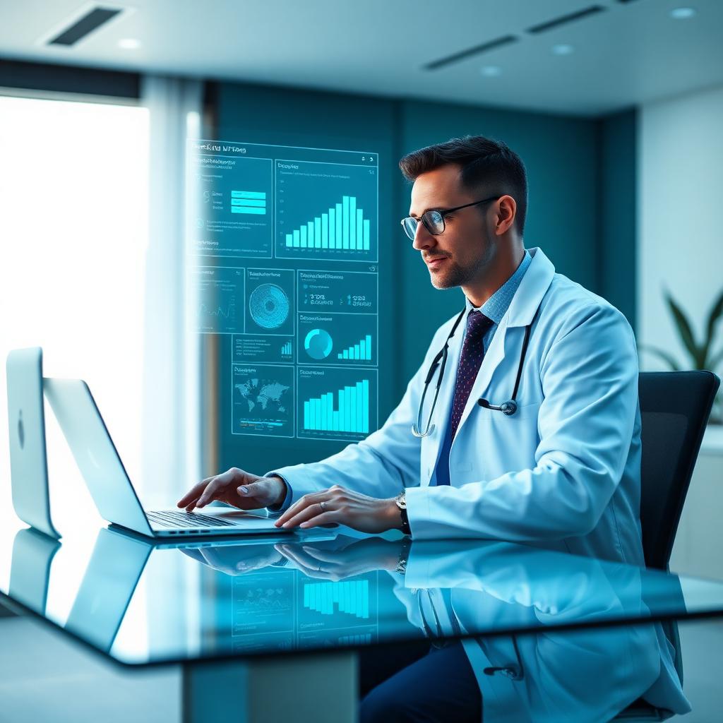 Medical practice provider reviewing patient analytics on a modern AI-optimized dashboard after switching from Tebra