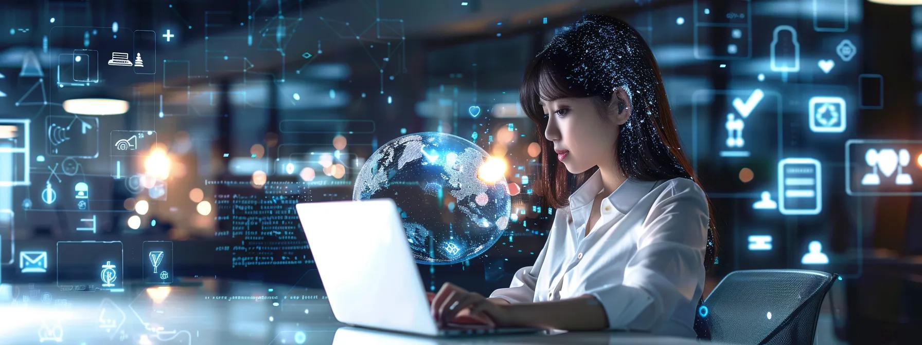 a focused, anime-style female character sits at a sleek desk in a modern office, intently designing a website on her laptop, surrounded by digital graphics and social media icons, showcasing the vital role of human creativity in managing ai-driven marketing strategies.