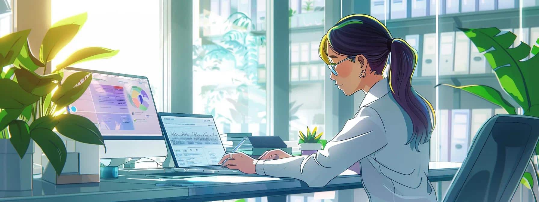 a dynamic anime-style female character, focused and vibrant, sits at a sleek, modern office desk, intently designing a medical spa marketing campaign on her laptop, surrounded by colorful promotional graphics and digital devices that capture the essence of urgency and exclusive offers.