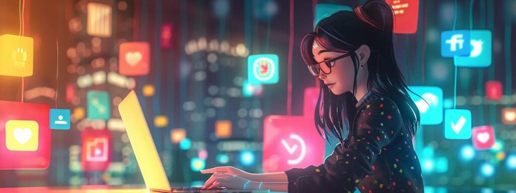 a dynamic anime-style scene features a focused female character immersed in her laptop, surrounded by vibrant digital icons representing social media, as she skillfully designs a website, embodying the essence of effective social media management in a modern office environment.