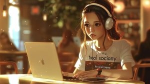 a focused anime-style girl in a chic coffee shop intensely analyzes user behavior on her laptop, with her shirt emblazoned with