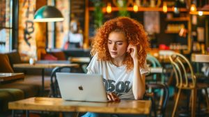 a focused young woman in a trendy coffee shop, intently working on her laptop, embodies the essence of budget web design’s impact on search engine rankings, surrounded by modern decor and a vibrant atmosphere, while her t-shirt boldly displays