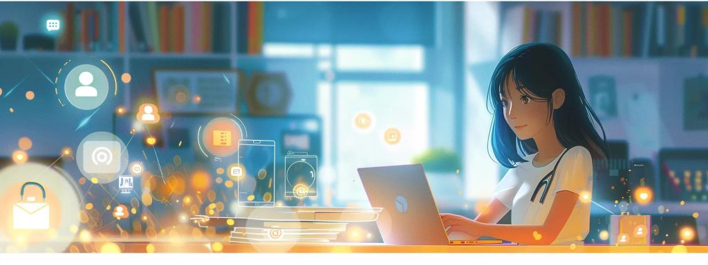 a vibrant anime-style female character focused on her laptop in a modern office setting, surrounded by digital designs and social media icons, embodies the dynamic interaction of local seo and online booking systems for attracting nearby medical spa clients.