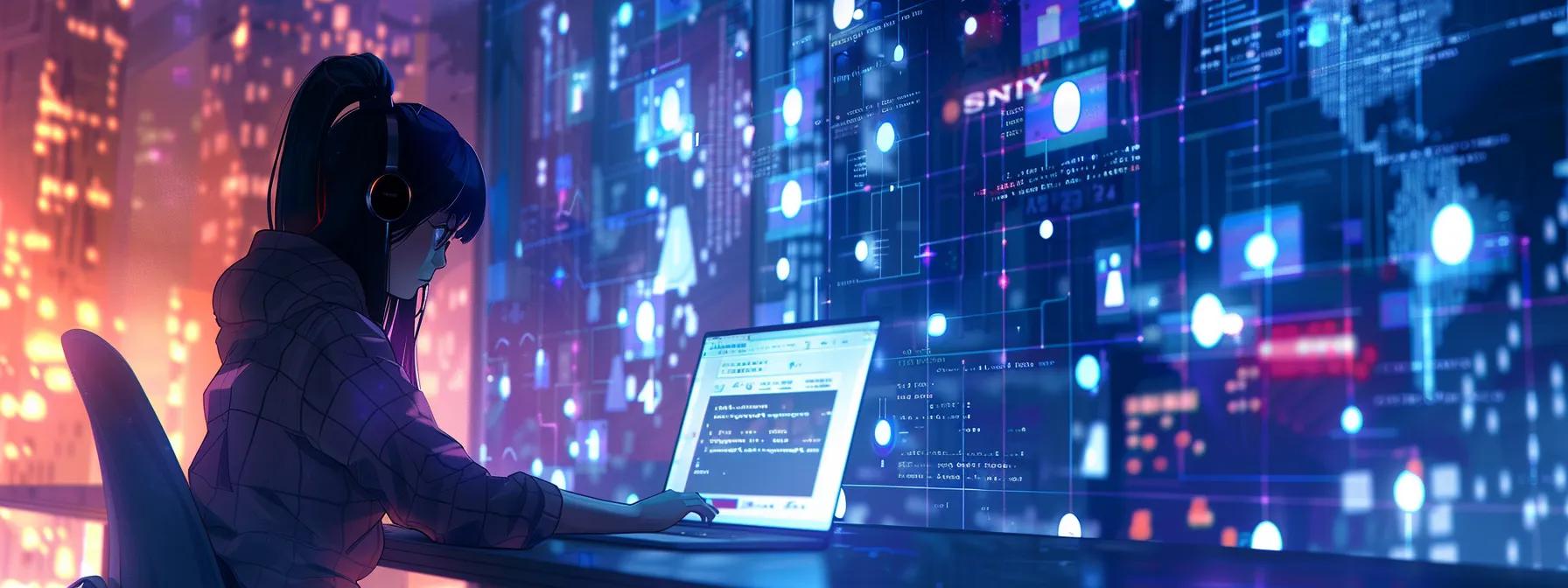 a vibrant anime-style female character, focused on her laptop in a modern urban office, skillfully designing a professional website while showcasing growth metrics on the screen, reflecting the dynamic outcome of effective website management.