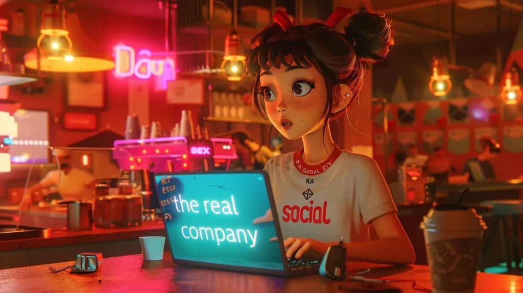 a vibrant anime-style scene depicts a girl in a bustling coffee shop, intently focused on her laptop, embodying the essence of mobile-first design in 2023, as her t-shirt boldly proclaims 