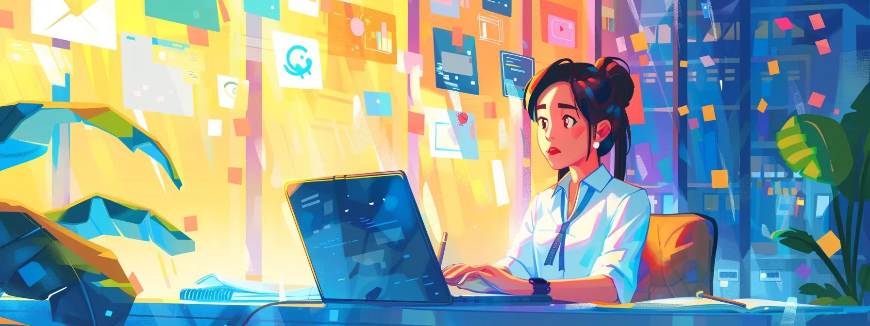 a vibrant anime-style scene featuring a focused female character at a sleek office workspace, intently designing a modern website on her laptop, surrounded by colorful, engaging visuals of social media icons and brainstorming notes, embodying creativity and innovation in digital content creation.