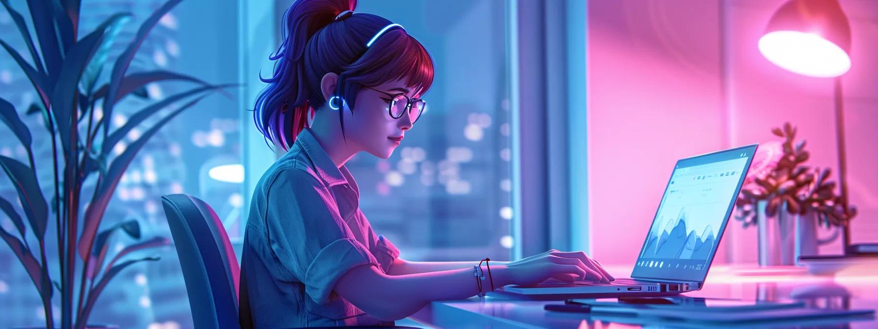 a vibrant anime-style female character sits focused at her sleek laptop in a modern, urban office space, crafting bold social media strategies that challenge the status quo and ignite conversation.