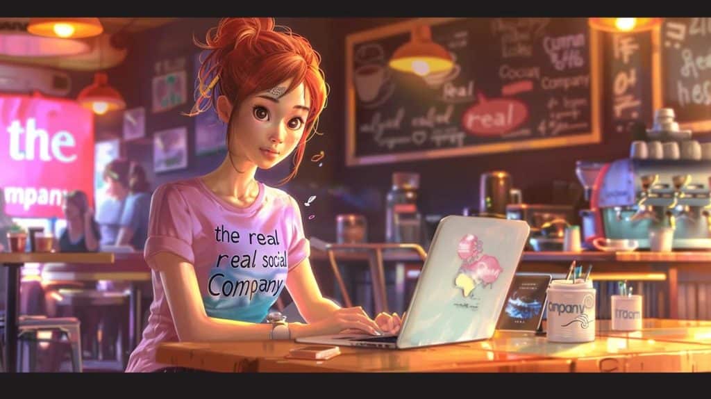 in a vibrant coffee shop setting, an anime-style girl intently works on her laptop, surrounded by modern decor, showcasing her t-shirt emblazoned with