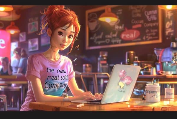 in a vibrant coffee shop setting, an anime-style girl intently works on her laptop, surrounded by modern decor, showcasing her t-shirt emblazoned with